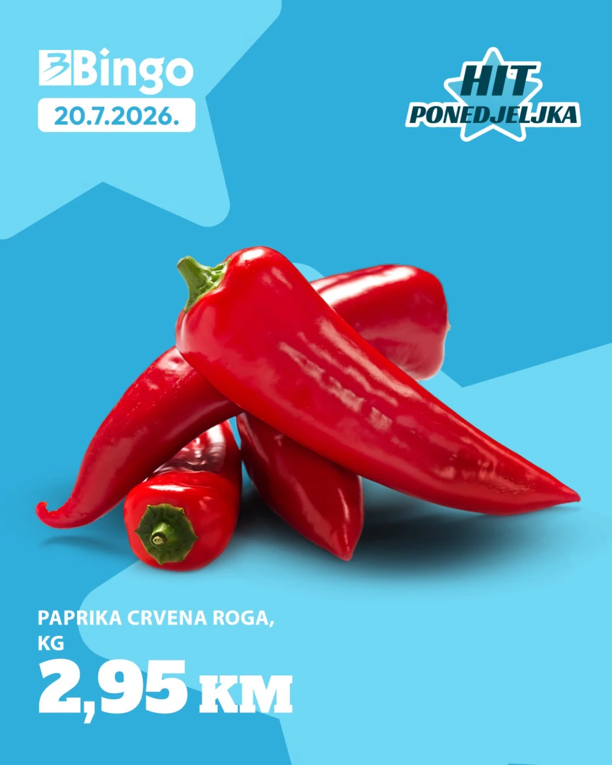 Bingo Hit Ponedjeljka 20.07.2026. – crvena roga paprika po cijeni od 2,95 KM/kg