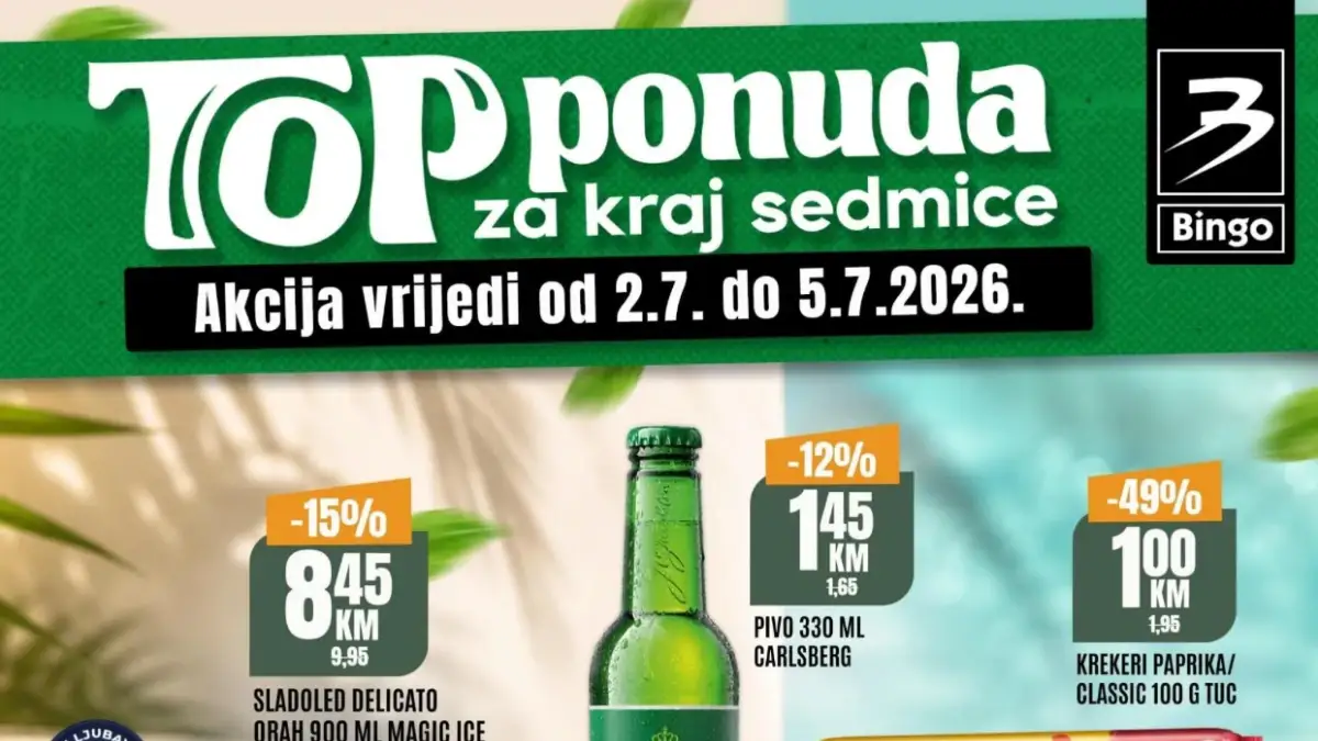 Bingo TOP ponuda za kraj sedmice od 02.07. do 05.07.2026 sa uštedama do 50% na prehranu, pića, kućne potrepštine i sezonske proizvode