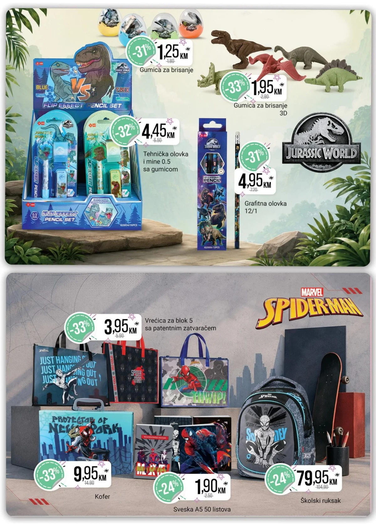 Bingo Jurassic World i Spider-Man ponuda – školski ruksak 79,95 KM i grafitna olovka 4,95 KM
