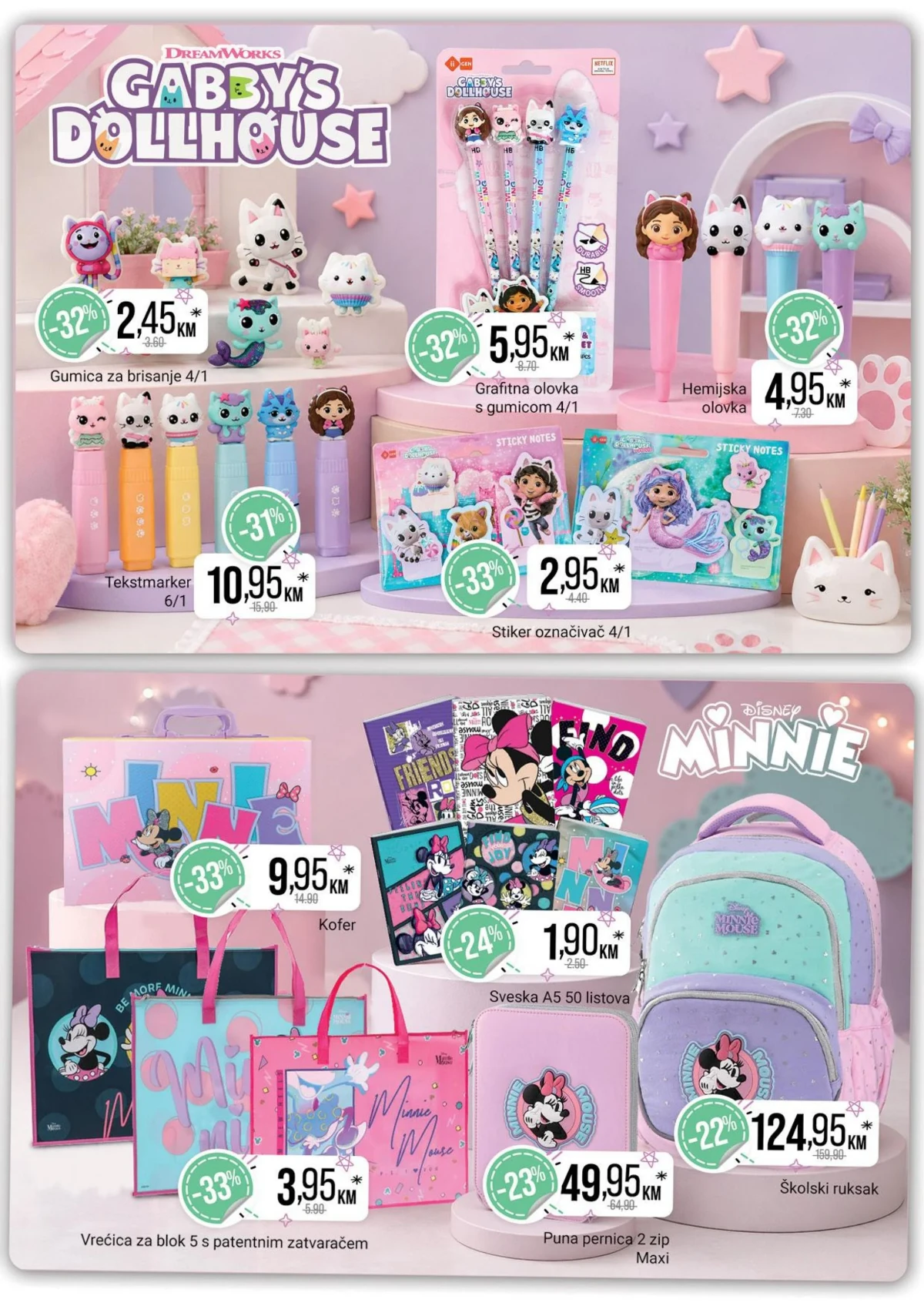 Bingo Gabby's Dollhouse i Minnie školska ponuda – ruksak 124,95 KM i pernica 49,95 KM