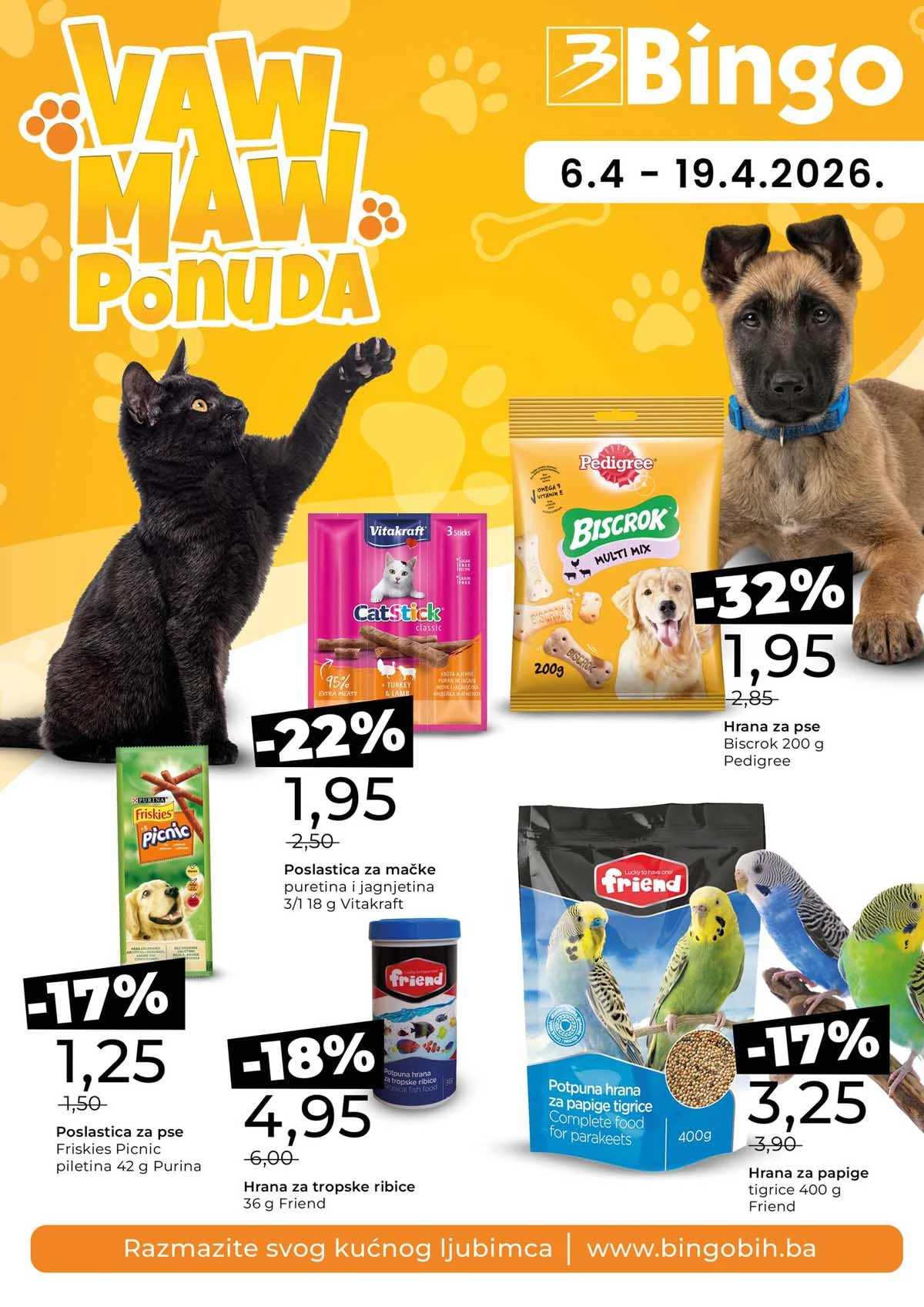 Bingo Waw Maw katalog strana 1 – sniženja hrane i opreme za ljubimce u Bingo prodavnicama do 19. aprila 2026.