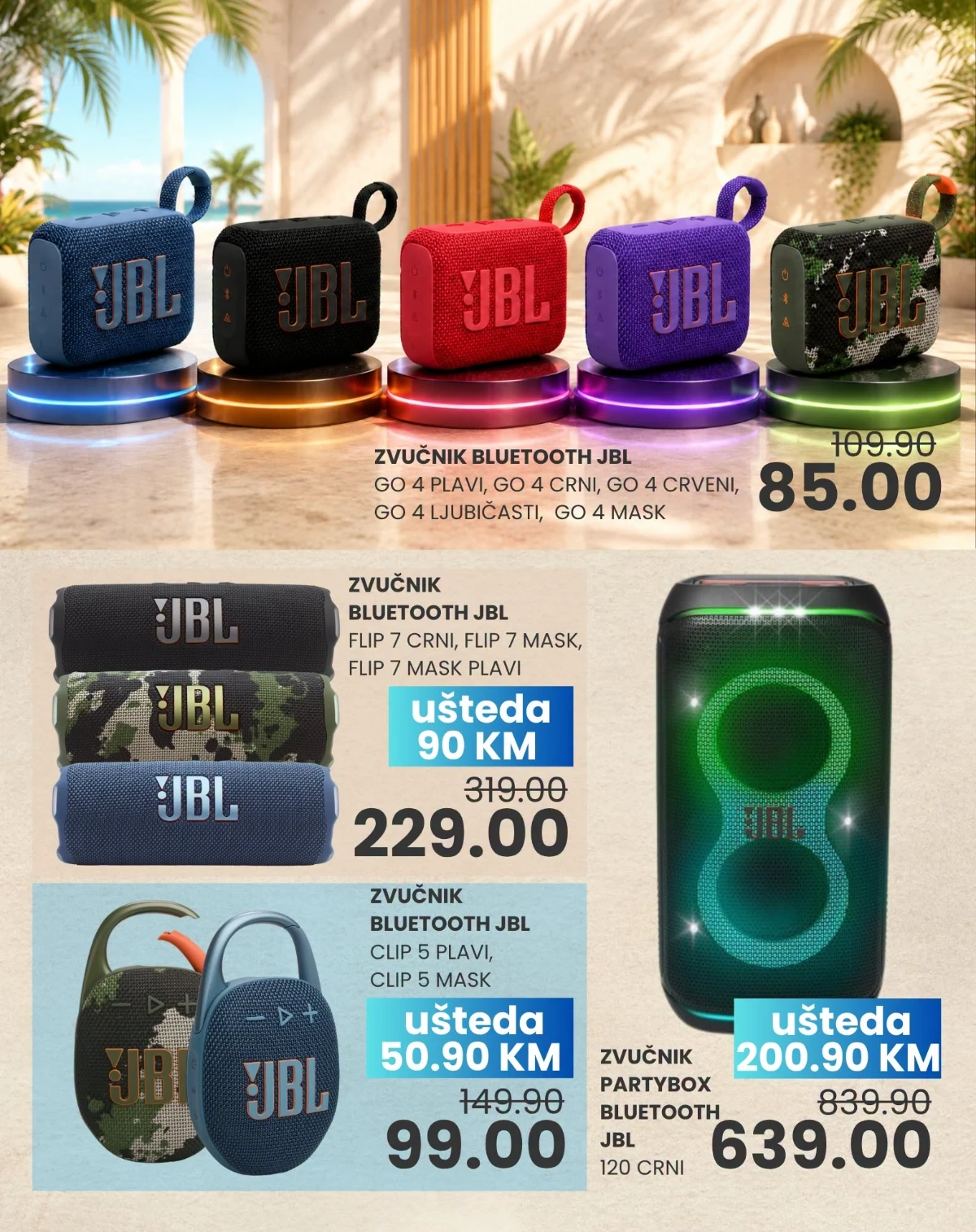 JBL Go 4, Flip 7, Clip 5 i PartyBox 120 Bluetooth zvučnici na akciji u FIS-u