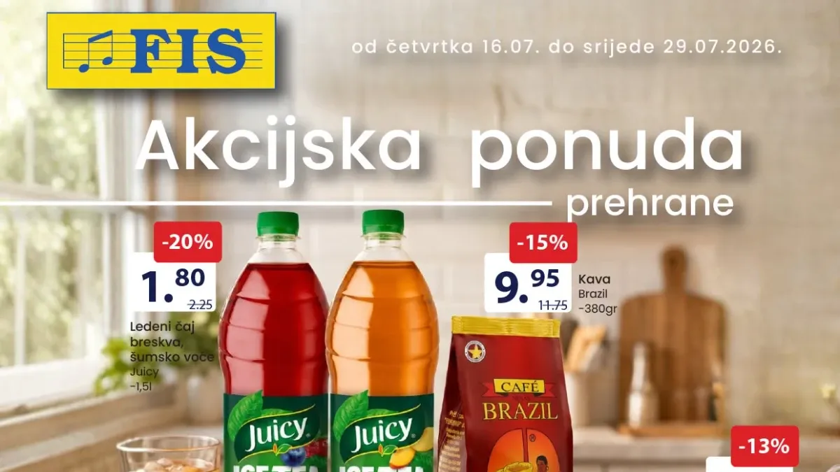 FIS akcija prehrane od 16.07. do 29.07.2026. – kafa, suhomesnati proizvodi, sirevi, čokolade, deterdženti i kućne potrepštine po akcijskim cijenama