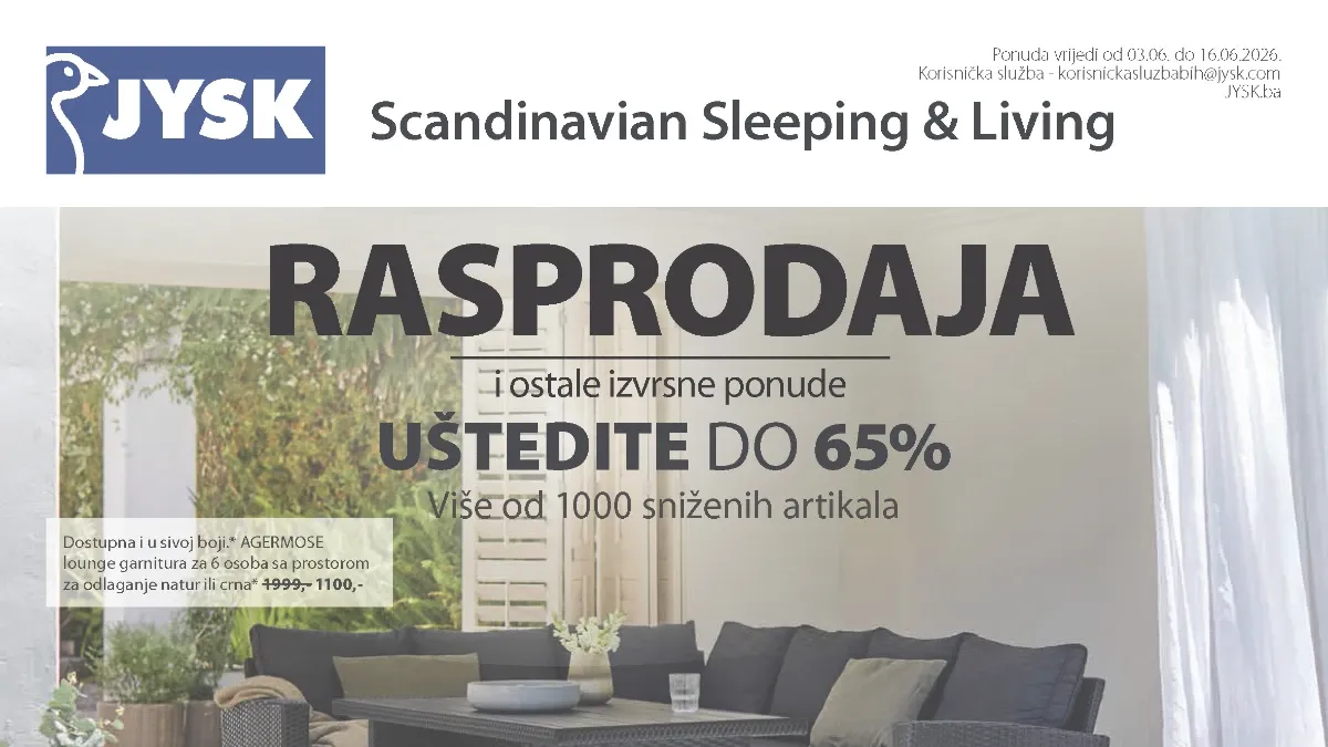 JYSK akcija do 65% popusta na baštenski namještaj, garniture, stolove, stolice i opremu za dom do 16.06.2026