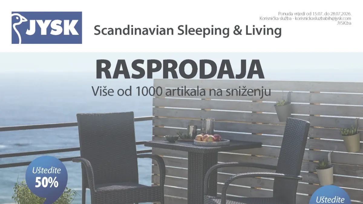 JYSK katalog 15.07. do 28.07.2026. – rasprodaja uz popuste do 65% na namještaj, madrace, baštenski namještaj i dekoraciju.