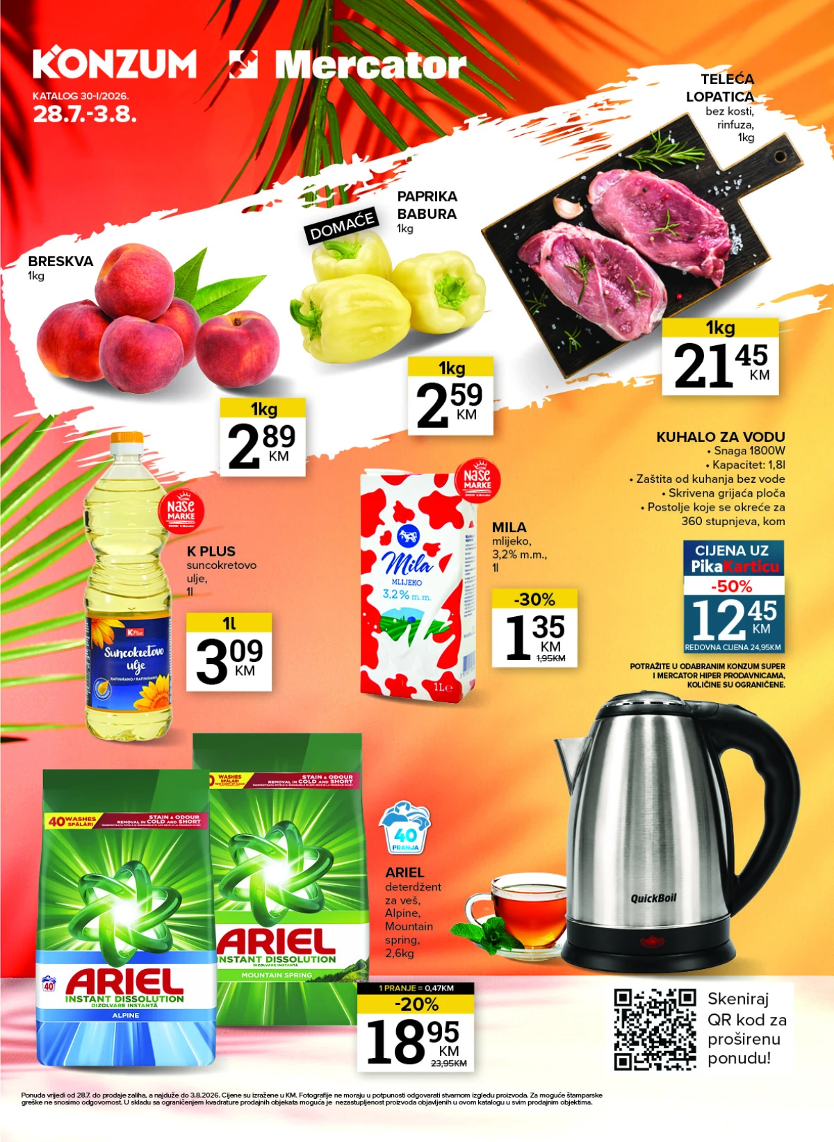 Konzum i Mercator katalog od 28.07. do 03.08.2026. donosi popuste do 50% na meso, voće, mlijeko, deterdžente i kućanske aparate