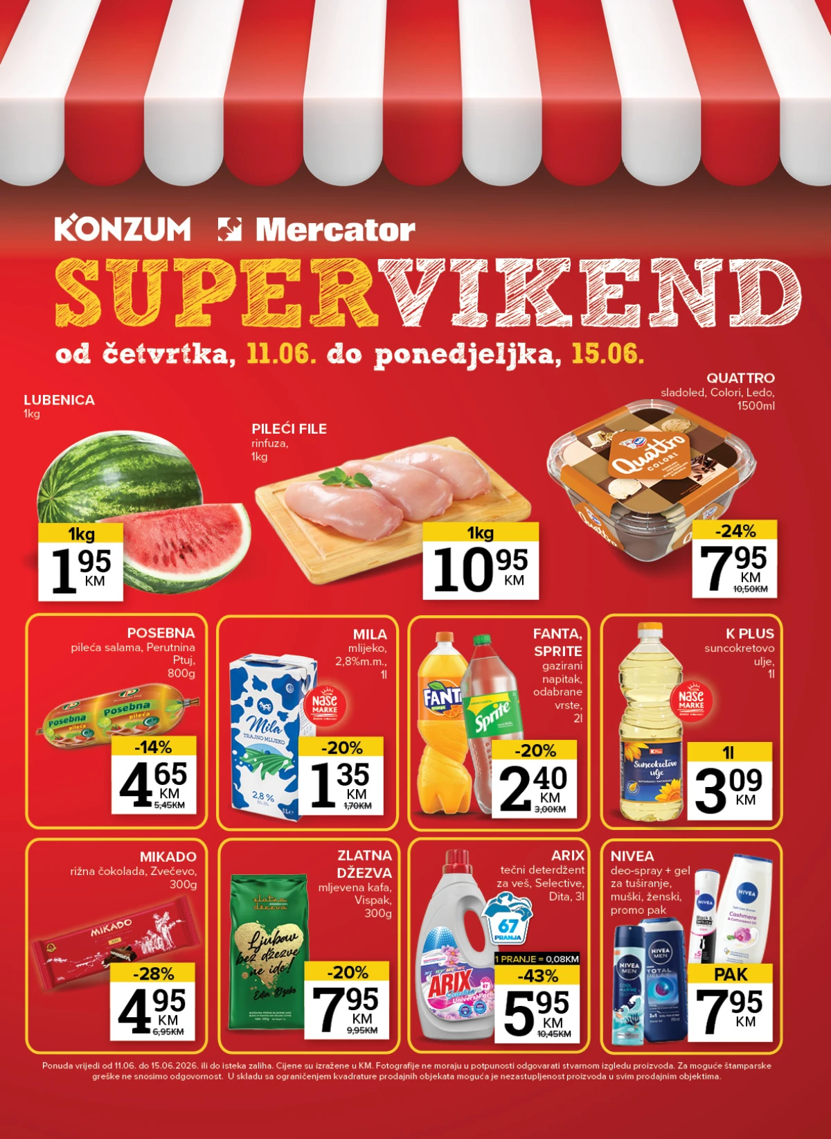 Konzum i Mercator Super vikend akcija do 43% popusta i cijene već od 1,35 KM do 15.06.2026