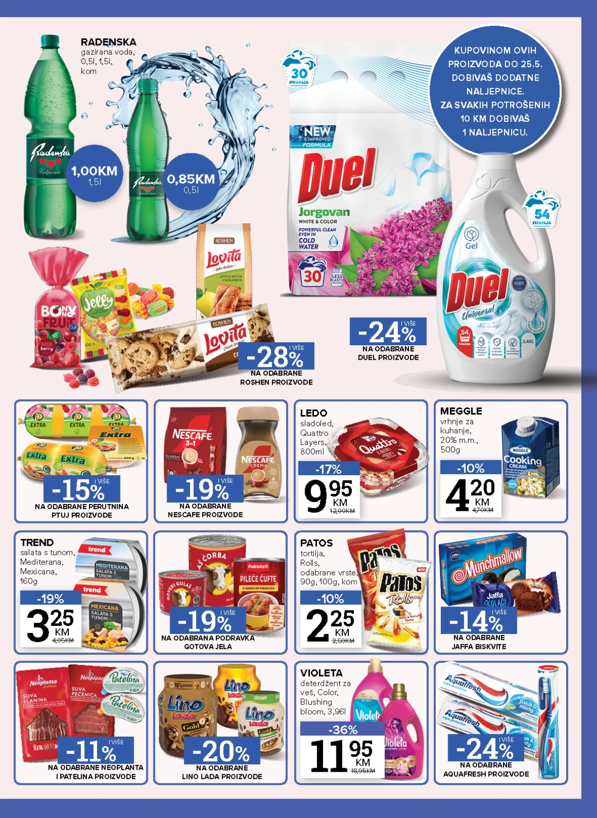 Konzum i Mercator akcija prehrane i higijene – Duel, Quattro i Violeta Konzum i Mercator katalog maj 2026 Duel deterdžent Quattro sladoled i Violeta akcija
