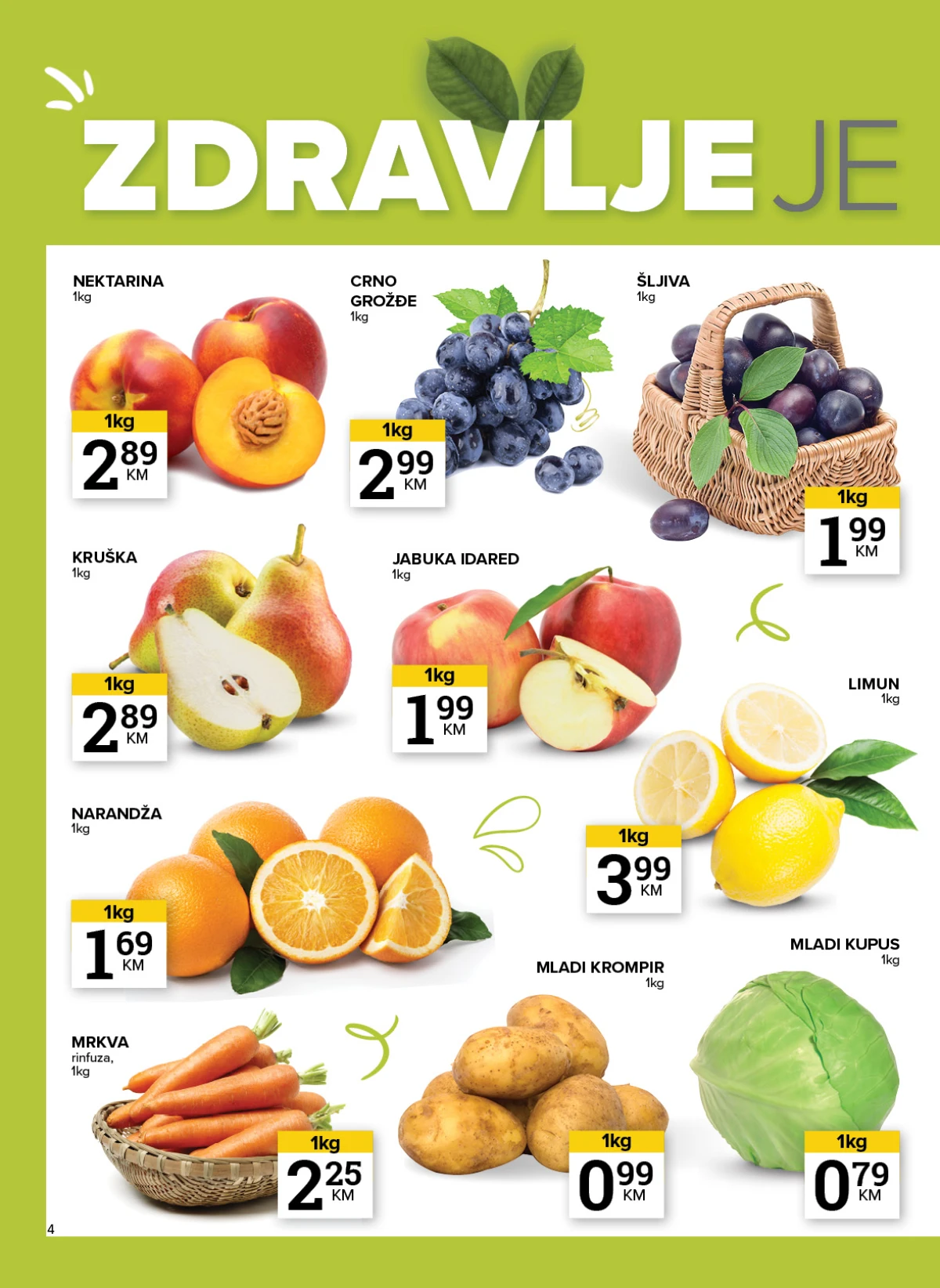 Konzum i Mercator katalog stranica 4 – nektarine, grožđe, šljive, krompir, kupus i drugo voće i povrće