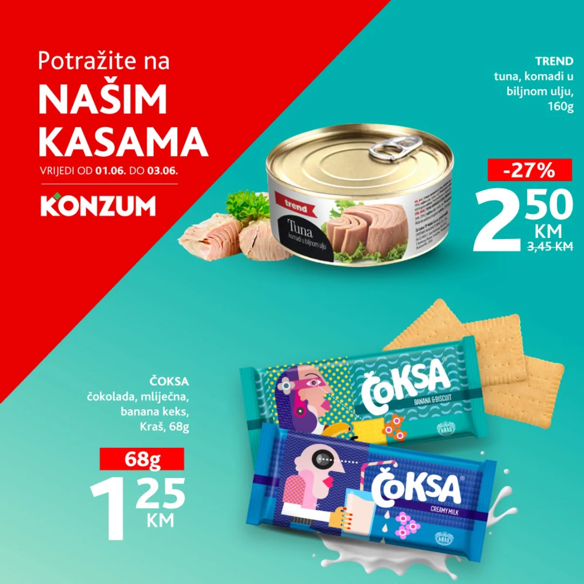 Konzum i Mercator akcija na kasama do 03.06.2026 – Trend tuna 160 g i Kraš Čoksa 68 g po akcijskim cijenama