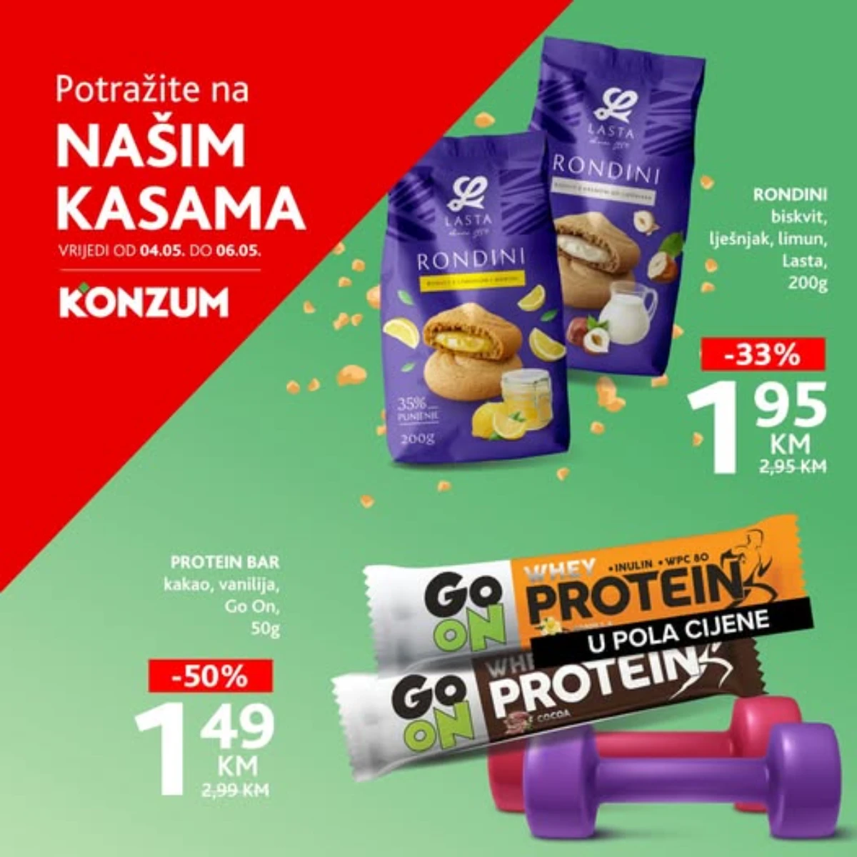 Konzum i Mercator akcija na kasama 04.05 do 06.05 2026 protein bar 1,49 KM Rondini keks 1,95 KM sniženja katalog