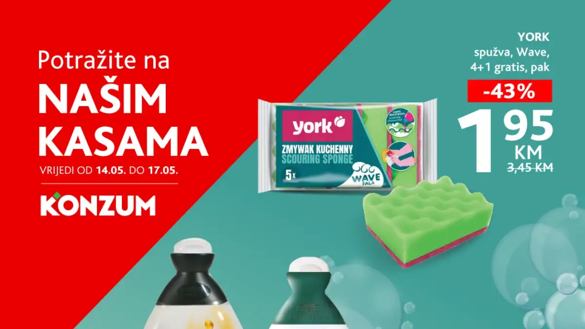 Konzum i Mercator akcija na kasama do 17.05.2026 L'Angelica gelovi za tuširanje 3,95 KM i YORK spužve 1,95 KM sniženja