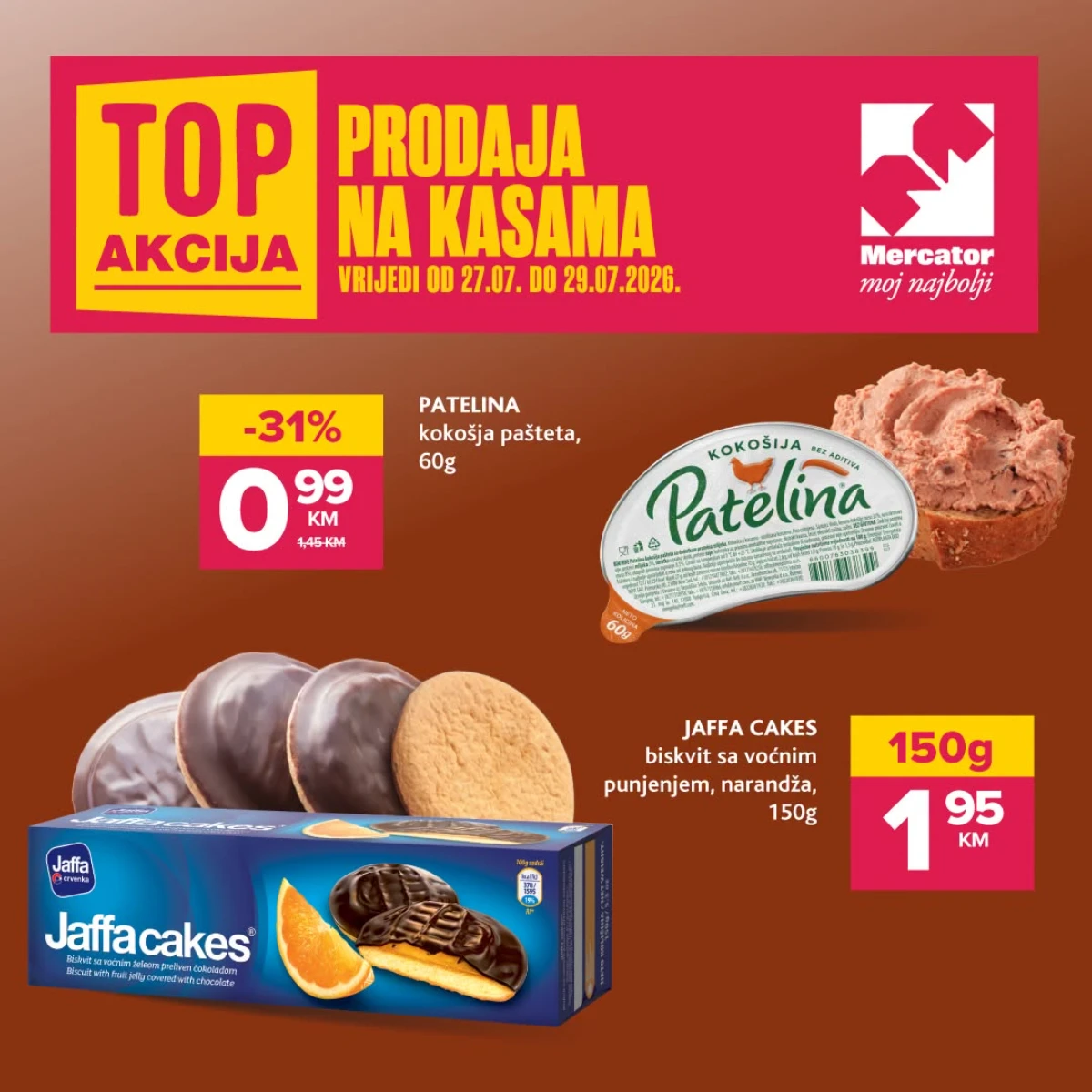Top akcija na kasama u Konzumu i Mercatoru do 29.07.2026. – uštedite na Patelina pašteti i Jaffa Cakes keksu