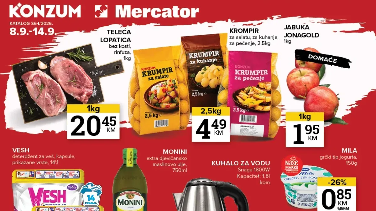 Konzum i Mercator katalog od 08.09. do 14.09.2026. donosi sniženja hrane, pića, kućne hemije i proizvoda za domaćinstvo do 51%