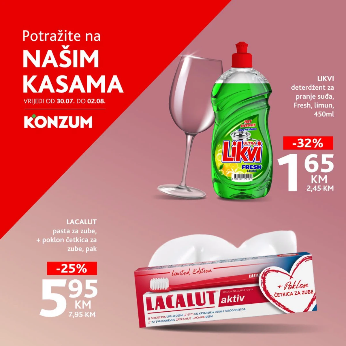 Konzum i Mercator akcija na kasama do 02.08.2026. – Likvi deterdžent Fresh 450 ml za 1,65 KM i Lacalut pasta za zube sa poklon četkicom za 5,95 KM