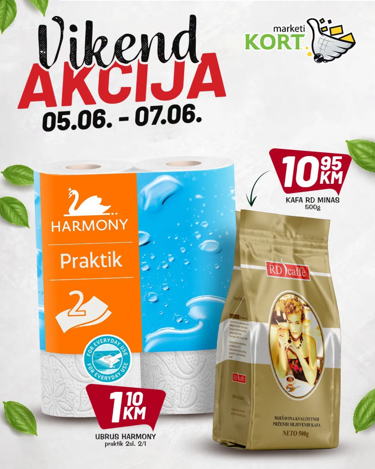 Kort vikend akcija do 07.06.2026 – RD Minas kafa 10,95 KM i Harmony ubrusi 1,10 KM