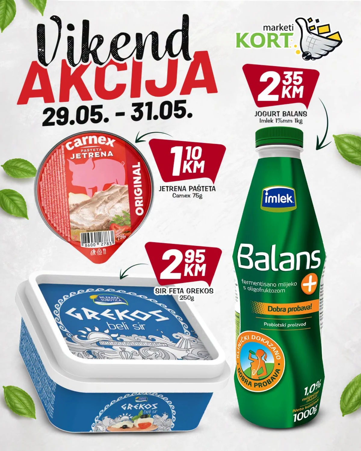 Kort katalog maj 2026 – Imlek Balans jogurt 2,35 KM, Carnex pašteta 1,10 KM i Grekos feta sir 2,95 KM