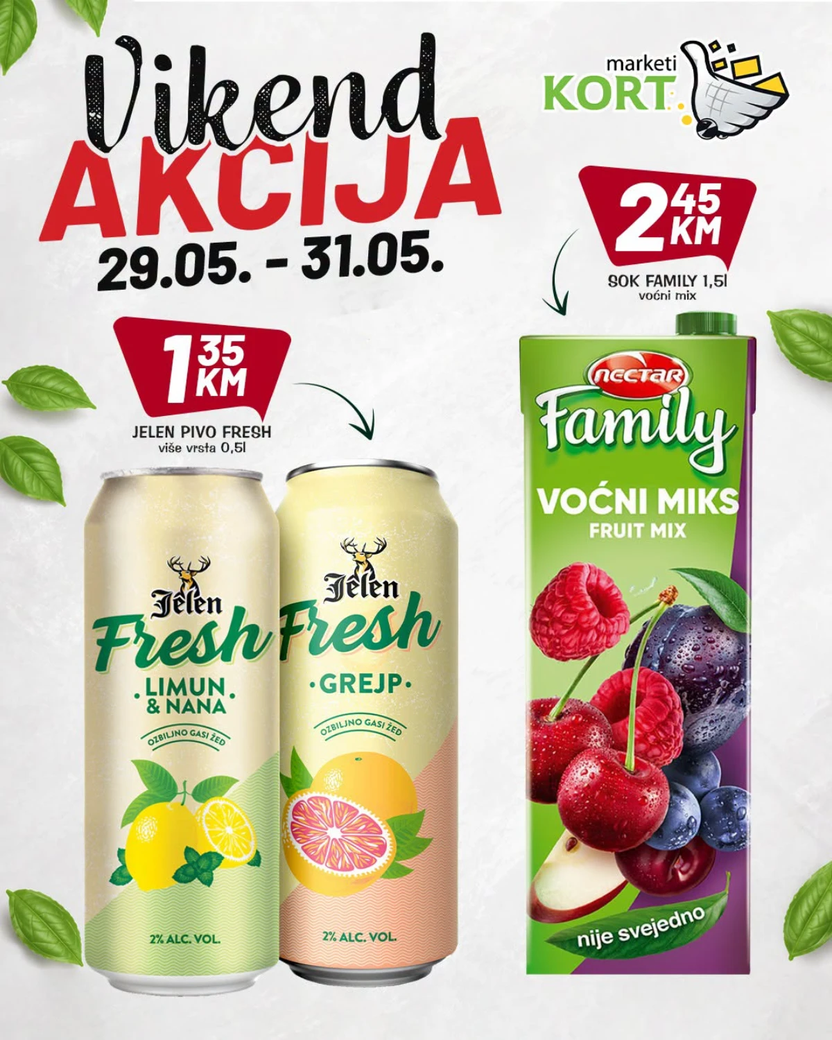 Kort Marketi katalog maj 2026 – Duel omekšivač 8,95 KM, Bioaktiv deterdžent 10,95 KM i vreće za smeće 1,75 KM