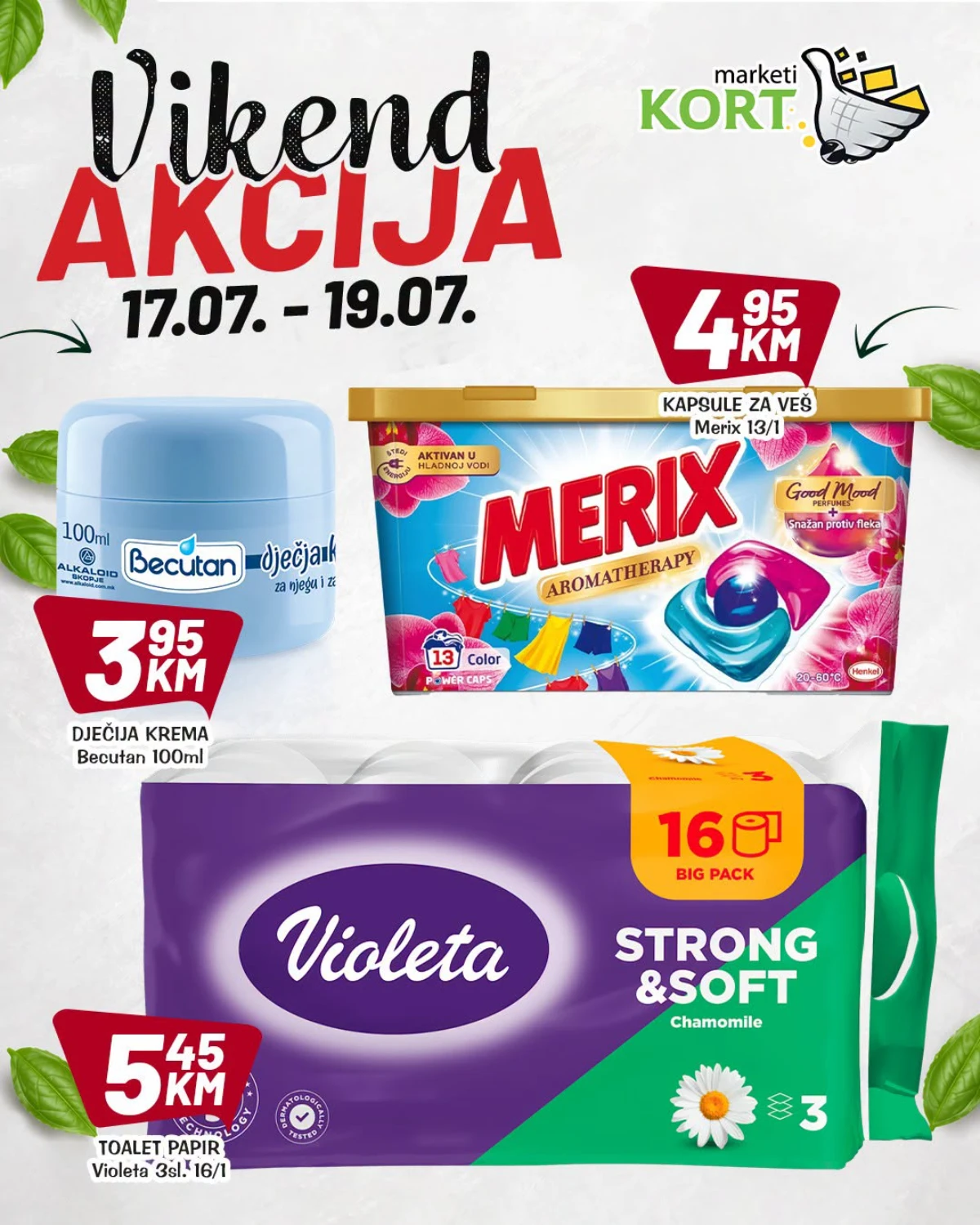Kort Marketi vikend akcija – Violeta toalet papir, Merix kapsule i Becutan krema