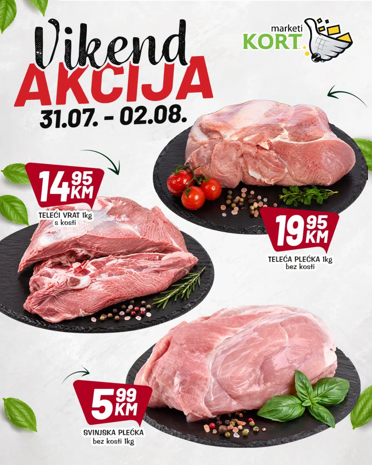Kort Marketi vikend akcija do 02.08.2026. – vikend ponuda na meso, voće, mliječne proizvode, pića, slatkiše i proizvode za domaćinstvo