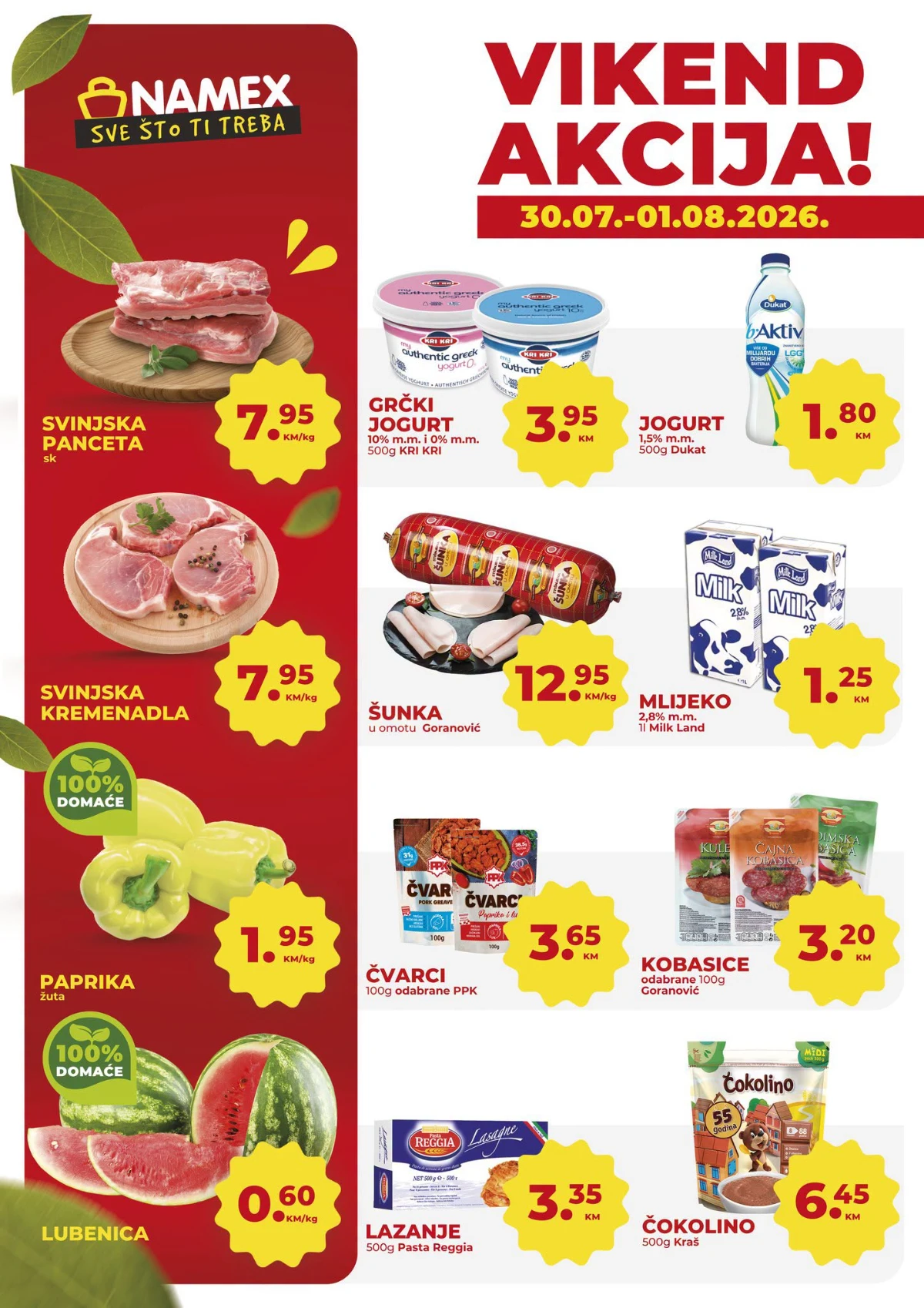Namex vikend akcija do 01.08.2026. – svinjska panceta i krmenadla, lubenica, mlijeko, jogurt, šunka i brojne druge vikend ponude.