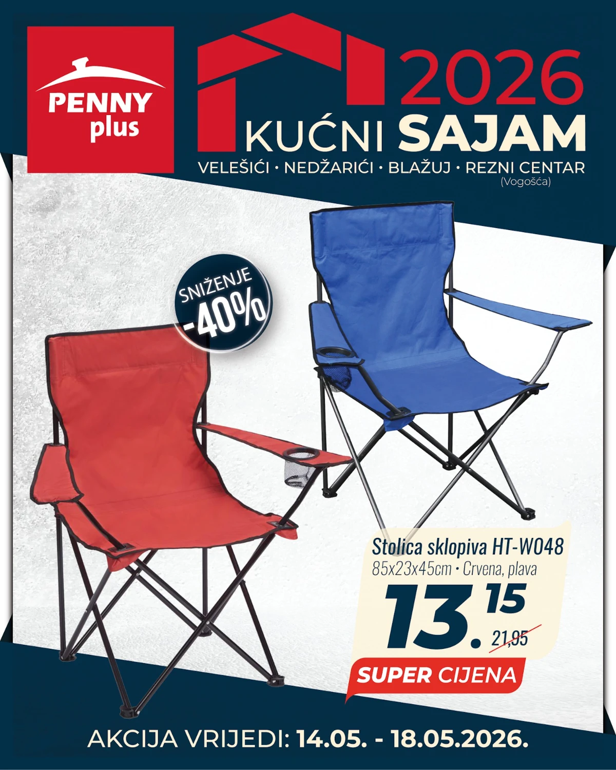 Penny Plus Kućni sajam 2026 sklopive stolice crvena i plava akcija 14.05. do 18.05.2026