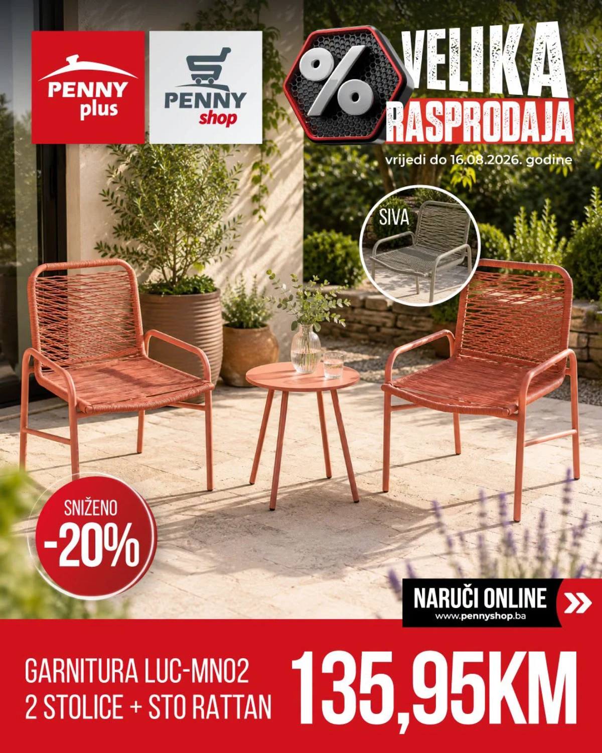 Penny Plus vrtna garnitura LUC-MN02 sa dvije stolice i stolom po akcijskoj cijeni od 135,95 KM.