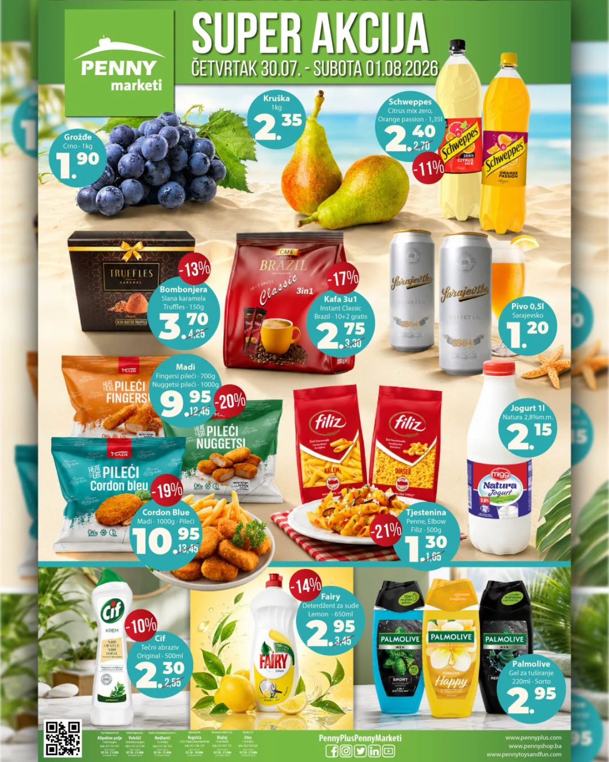 PENNY Super akcija do 01.08.2026. donosi snižene cijene grožđa, krušaka, Brazil kafe, pilećih proizvoda, jogurta, tjestenine, Fairy deterdženta i Palmolive gelova.