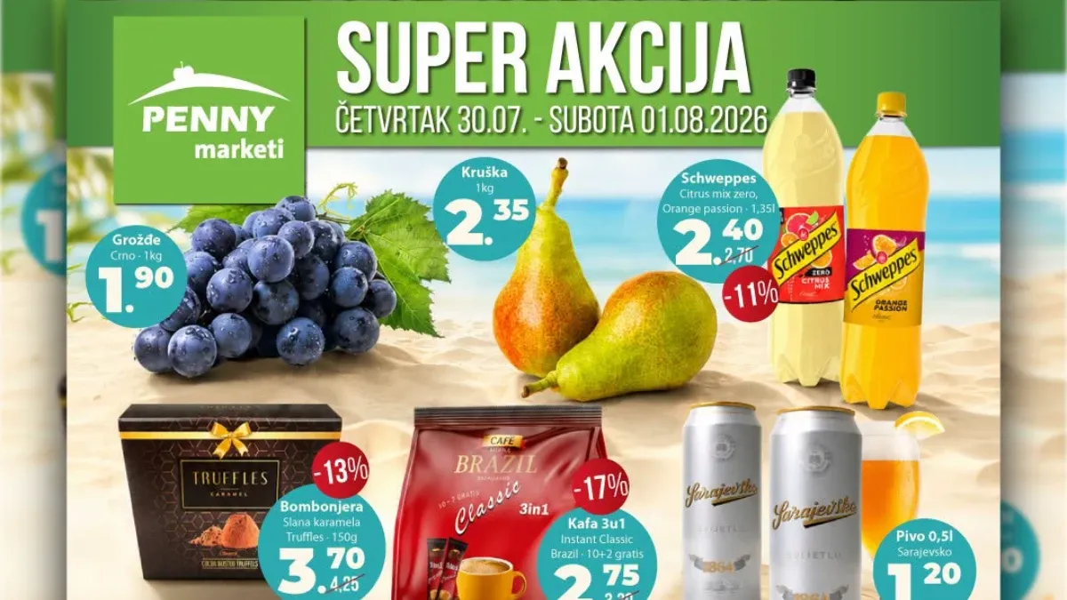 PENNY Super akcija do 01.08.2026. donosi snižene cijene grožđa, krušaka, kafe, piletine, jogurta, tjestenine i drugih prehrambenih proizvoda.