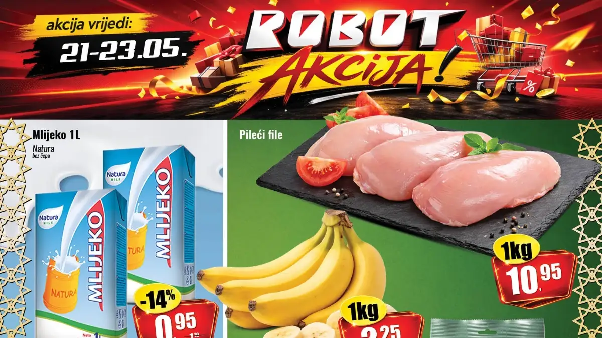 Robot vikend akcija 21–23.05.2026 – pileći file 10,95 KM, jagode 4,50 KM, mlijeko 0,95 KM i sniženja do 49%