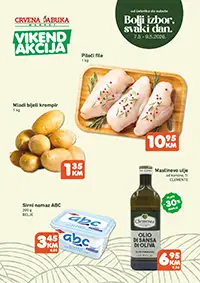 Crvena jabuka vikend akcija pileći file 10,95 KM mladi krompir 1,35 KM ABC namaz 3,45 KM i maslinovo ulje 6,95 KM do 09.05.2026