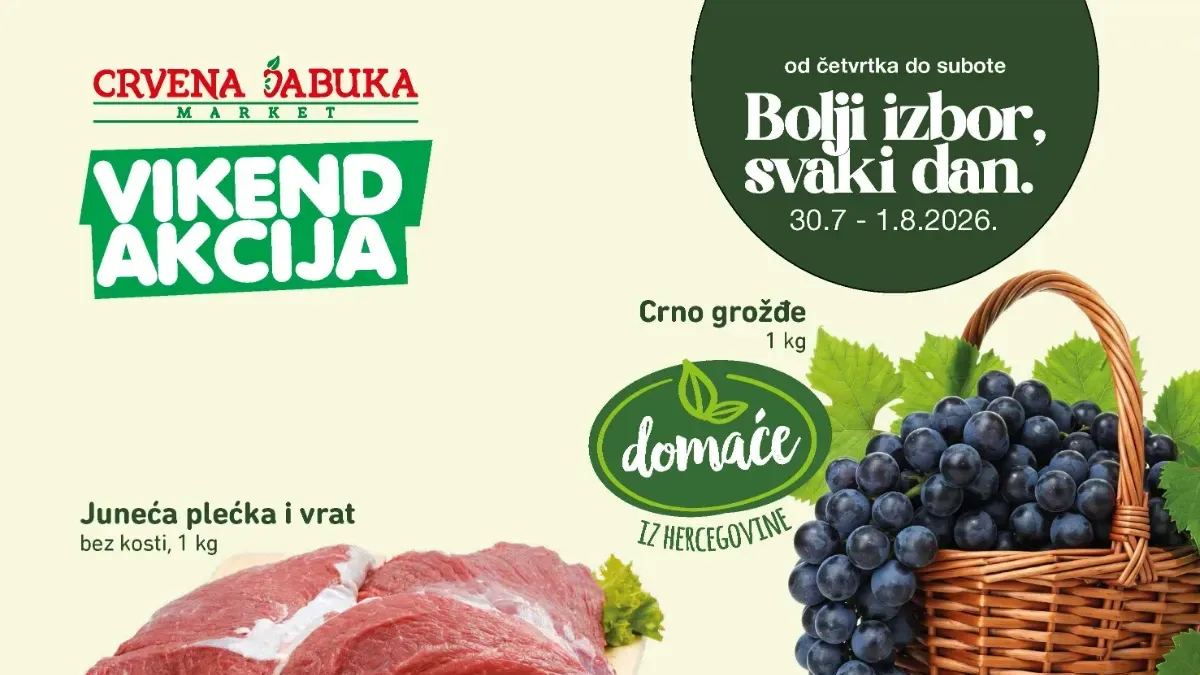 Crvena Jabuka vikend akcija do 01.08.2026. – junetina bez kosti, domaće crno grožđe, dimljena pileća prsa i Somersby na akciji