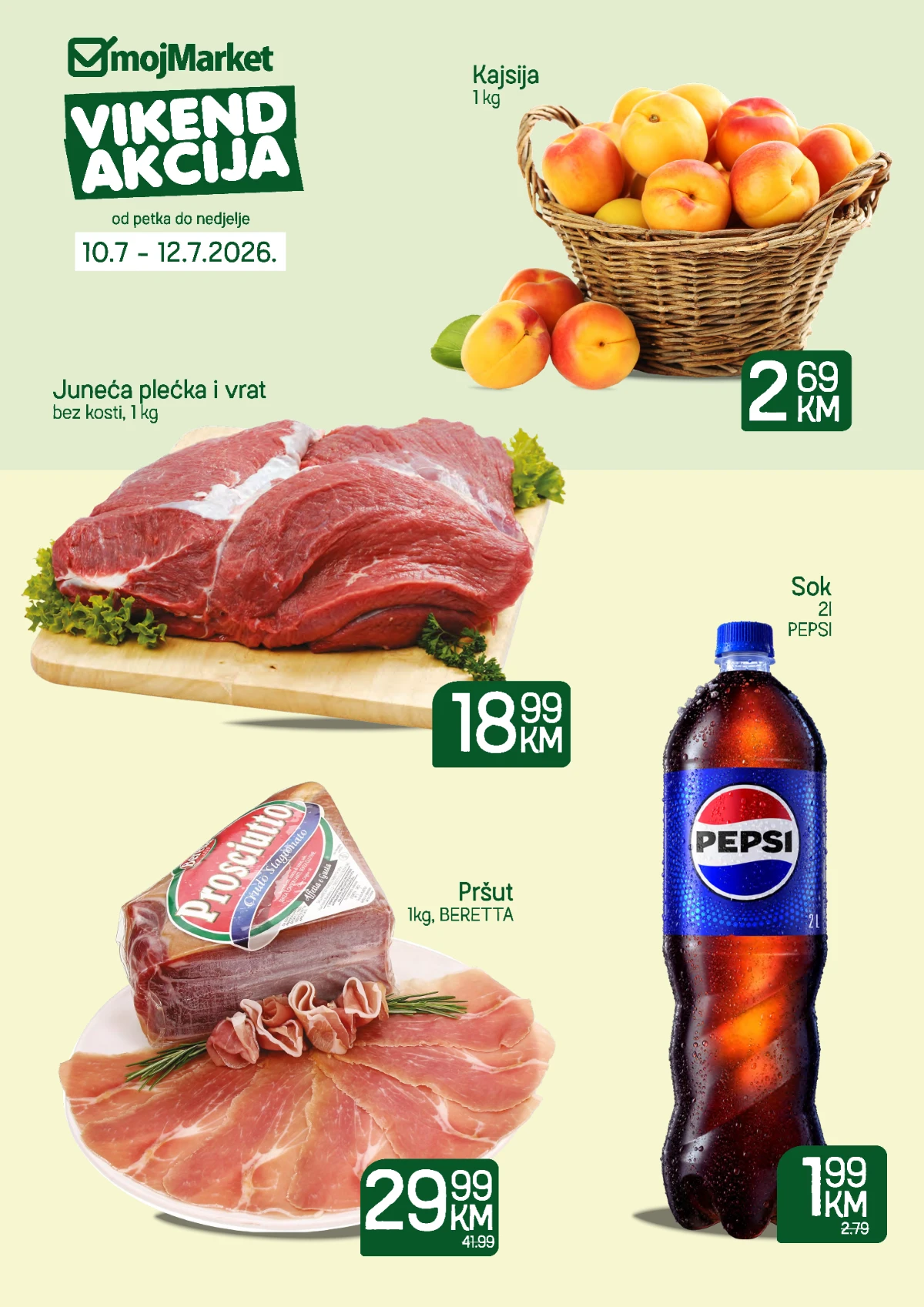 Moj Market vikend akcija od 10. do 12.07.2026. – kajsije, juneća plećka, pršut Beretta i Pepsi po akcijskim cijenama