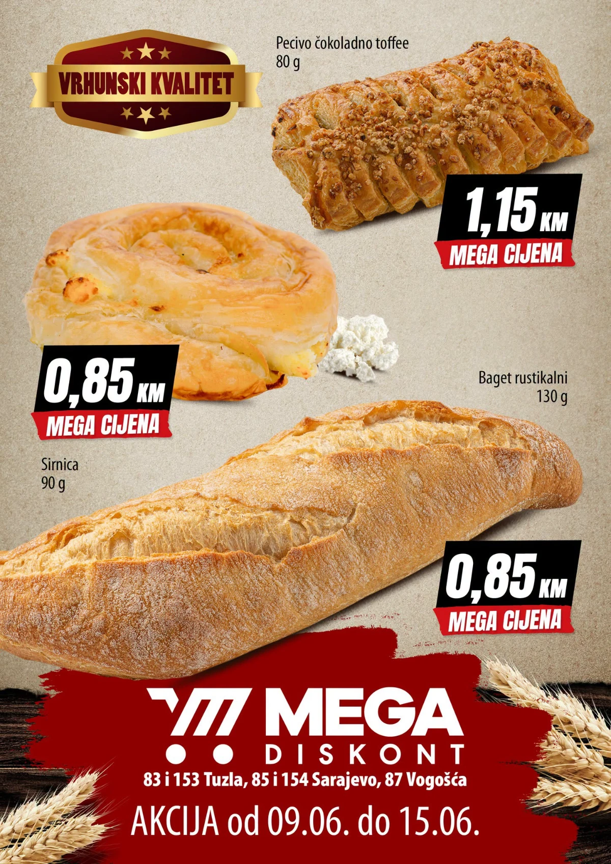 Mega Diskont akcija pekarskih proizvoda do 15.06.2026 – sirnica, rustikalni baget i čokoladno toffee pecivo po mega cijenama