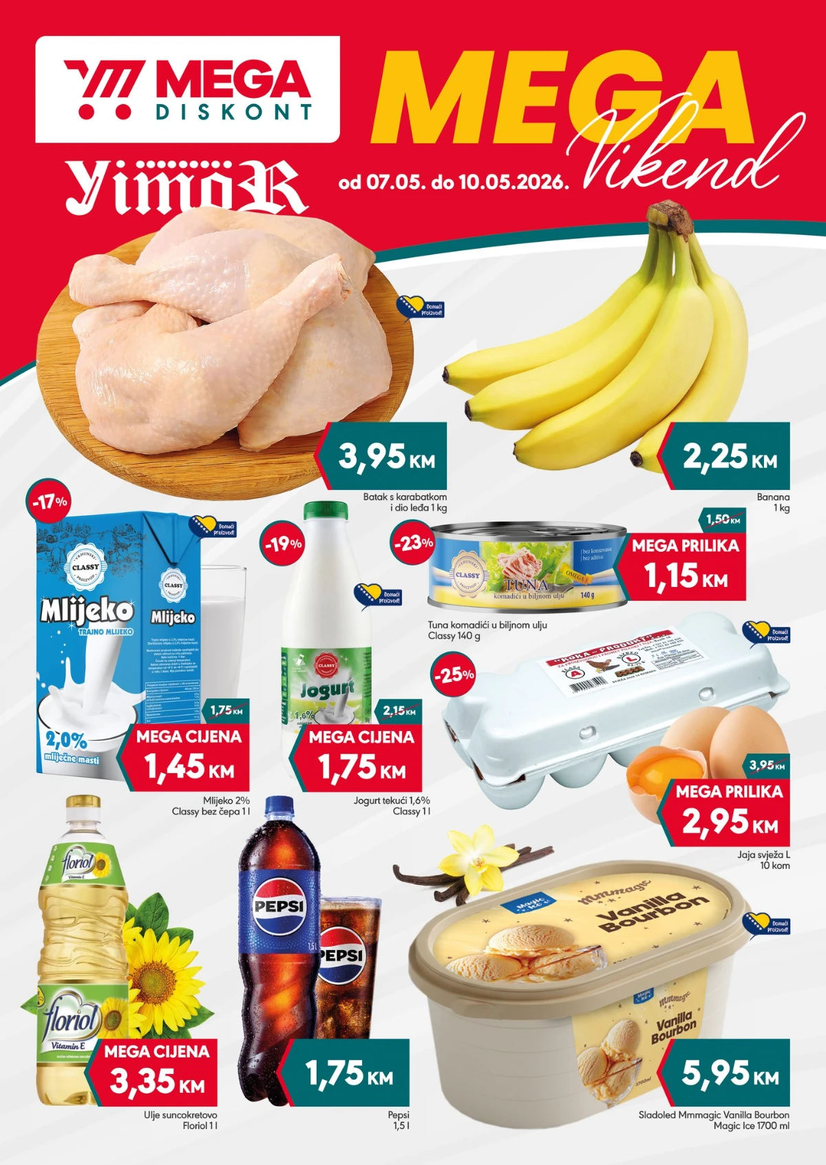 Mega Diskont i Yimor vikend akcija – batak 3,95 KM, banana 2,25 KM, mlijeko 1,45 KM i jaja 2,95 KM do 10.05.2026