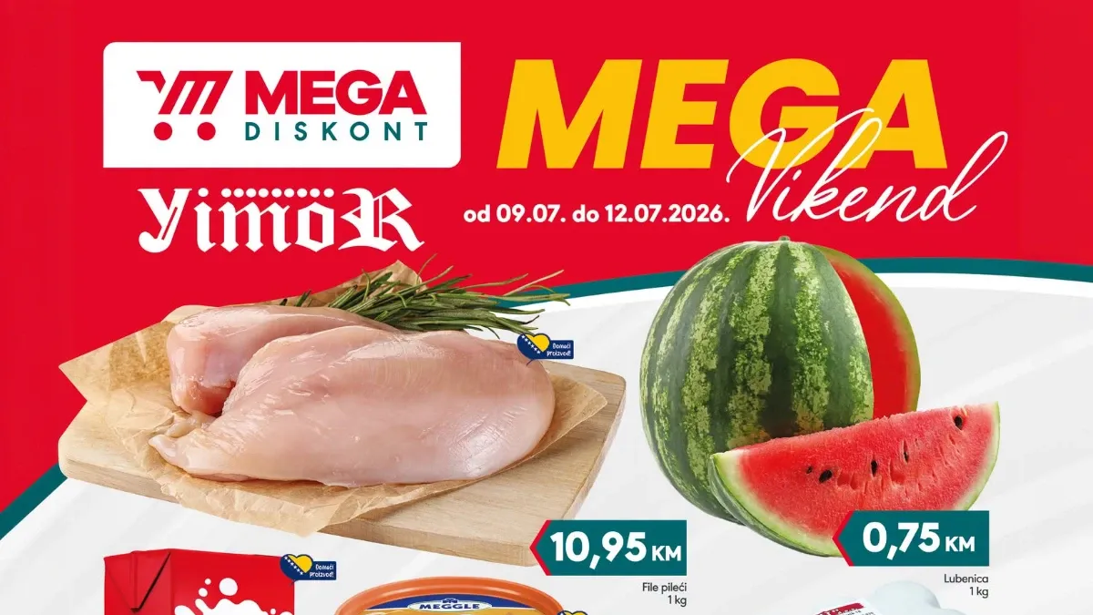 Mega Diskont Yimor Mega Vikend od 09. do 12.07.2026. – prehrana, pića i proizvodi za domaćinstvo po akcijskim cijenama