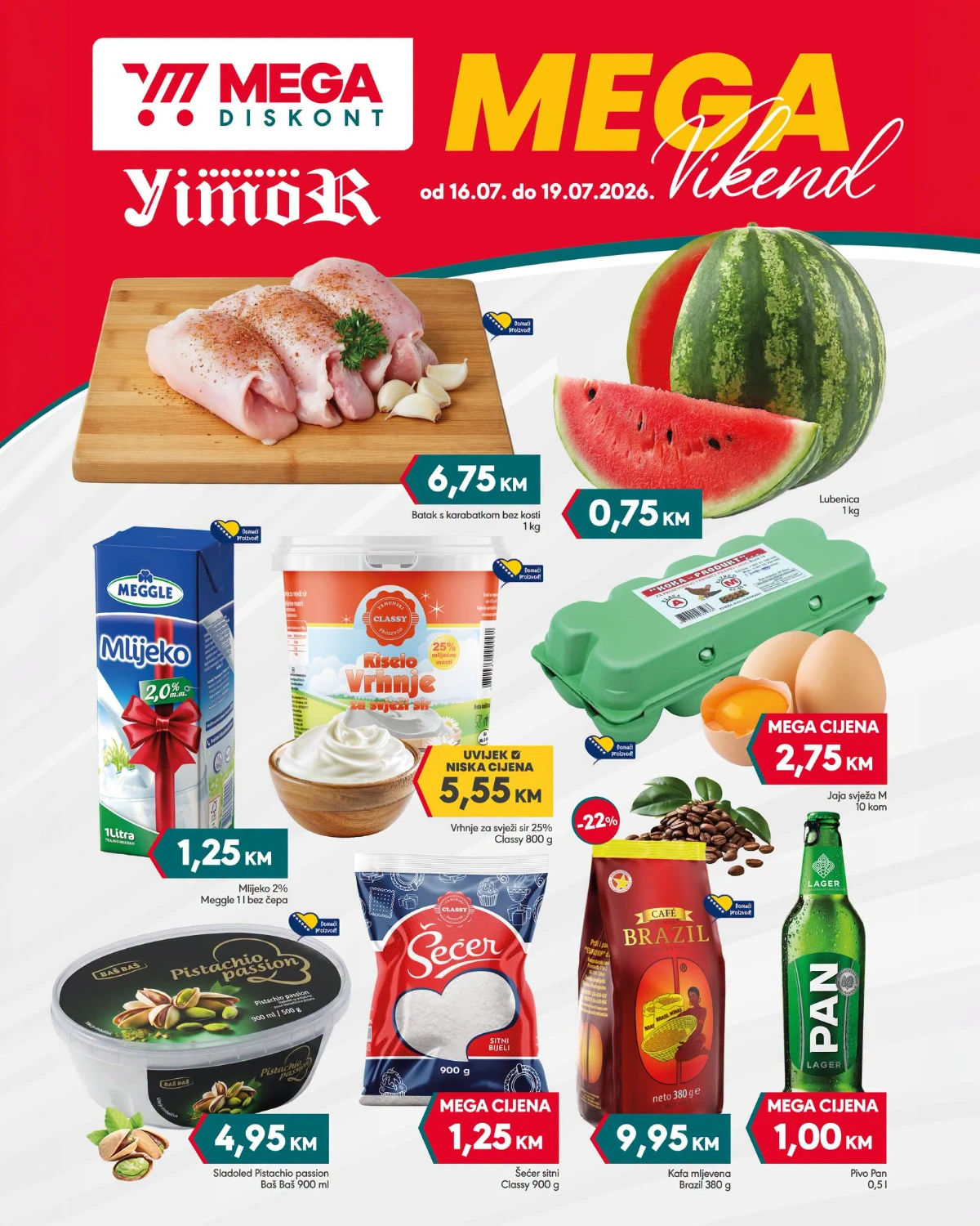 Mega Diskont Mega Vikend od 16. do 19.07.2026. – batak bez kosti, lubenica, mlijeko, jaja i prehrambeni proizvodi po akcijskim cijenama